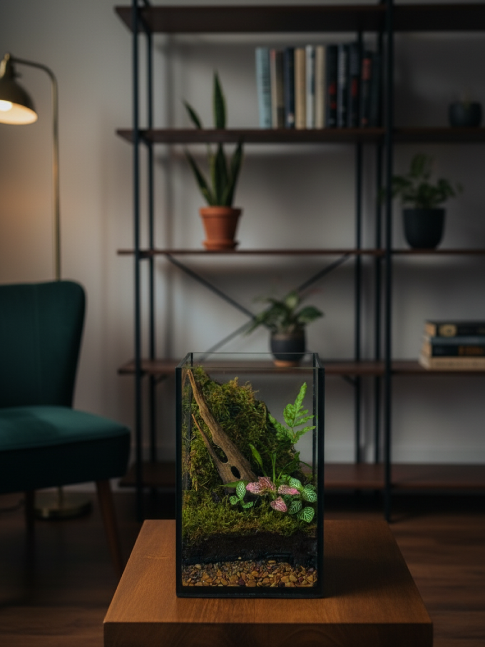 Handcrafted Forest Edge Terrarium featuring moss, Fittonia, ferns, and driftwood inside a sleek 24×15×15 cm glass vessel, creating a miniature forest landscape perfect for home or office décor. Best suitable for greenery lovers. Best gift for someone who loves outdoors.