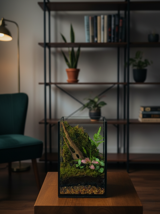 Handcrafted Forest Edge Terrarium featuring moss, Fittonia, ferns, and driftwood inside a sleek 24×15×15 cm glass vessel, creating a miniature forest landscape perfect for home or office décor. Best suitable for greenery lovers. Best gift for someone who loves outdoors.