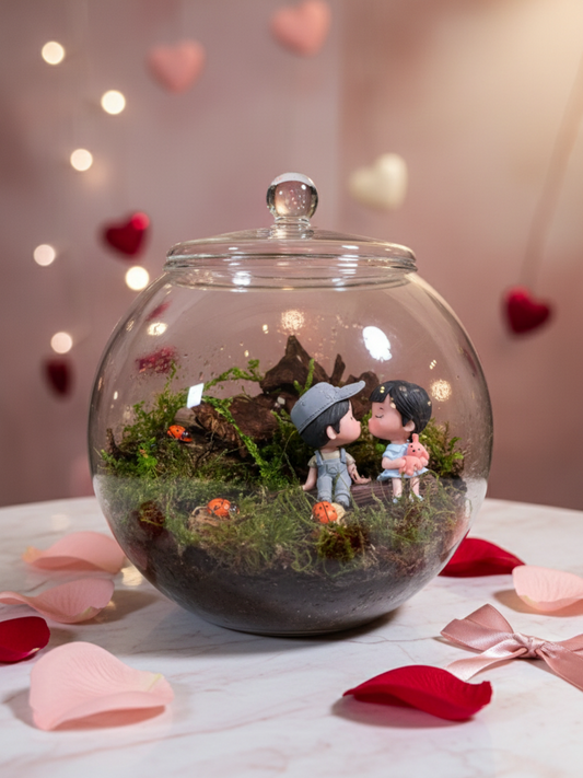 Forever in Love couple terrarium by Lilli Plants Dubai with romantic figurines, moss plants, and decorative ladybug accents
