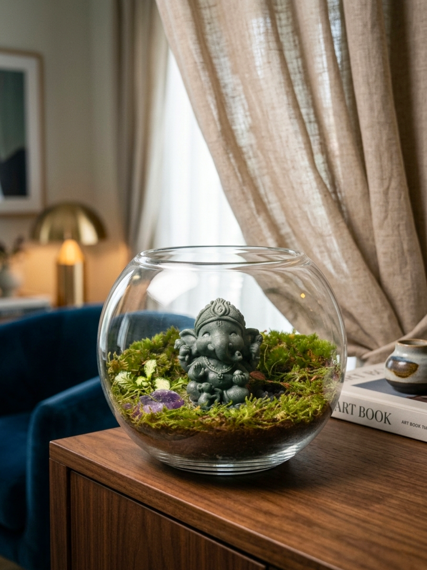 Ganesha terrarium Dubai by Lilli Plants with lush moss and spiritual indoor décor design.