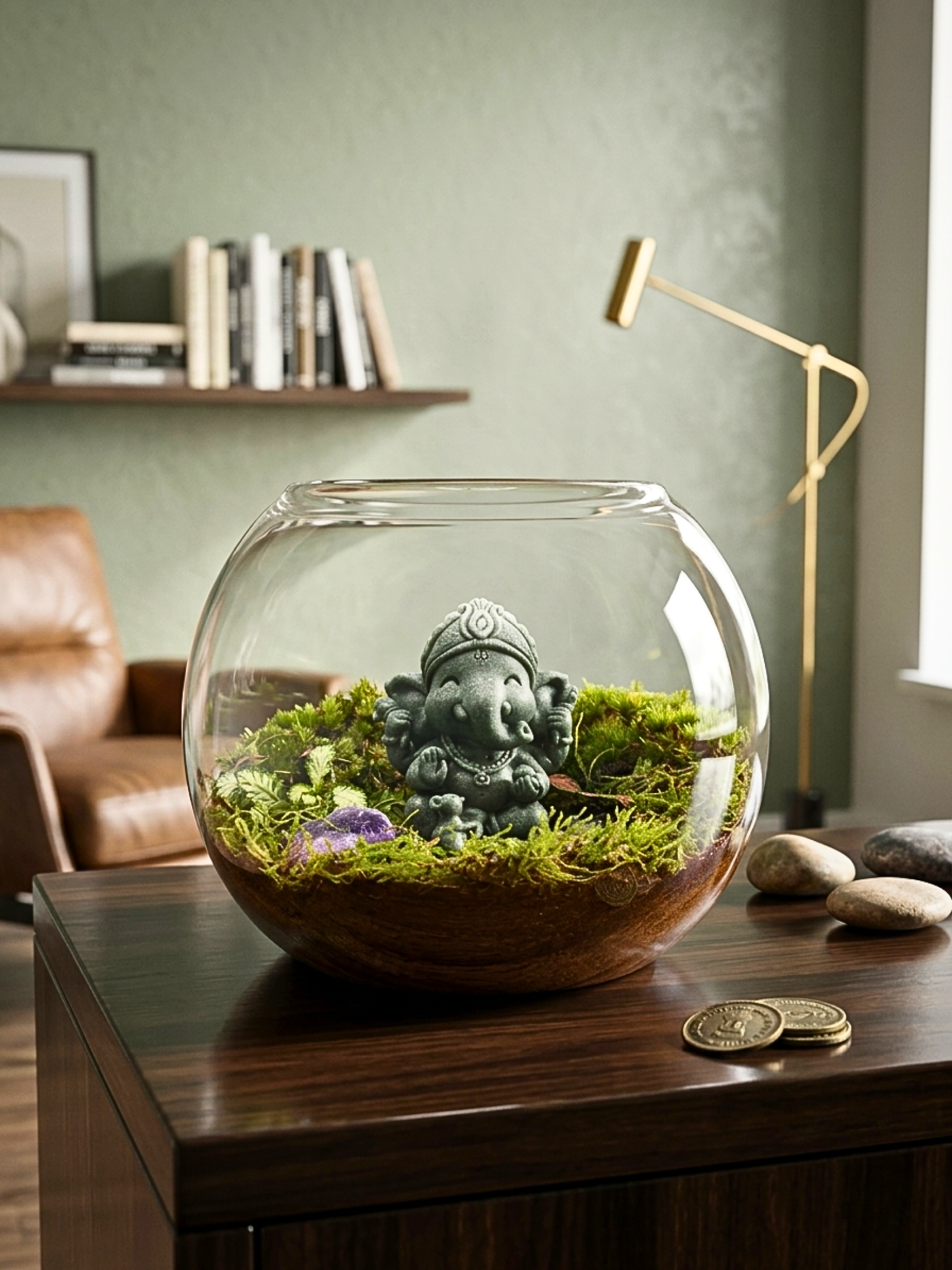 Handcrafted spiritual terrarium by Lilli Plants Dubai with Ganesha figurine and live moss.
