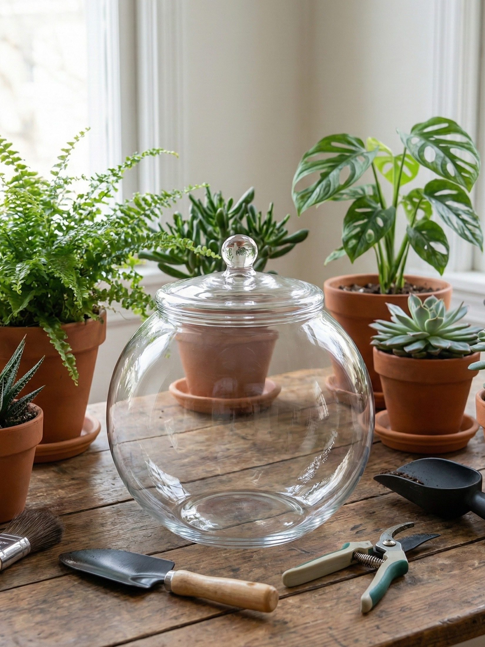 Glass terrarium bowl with lid, beginner-friendly, designed by terrarium experts in Dubai.