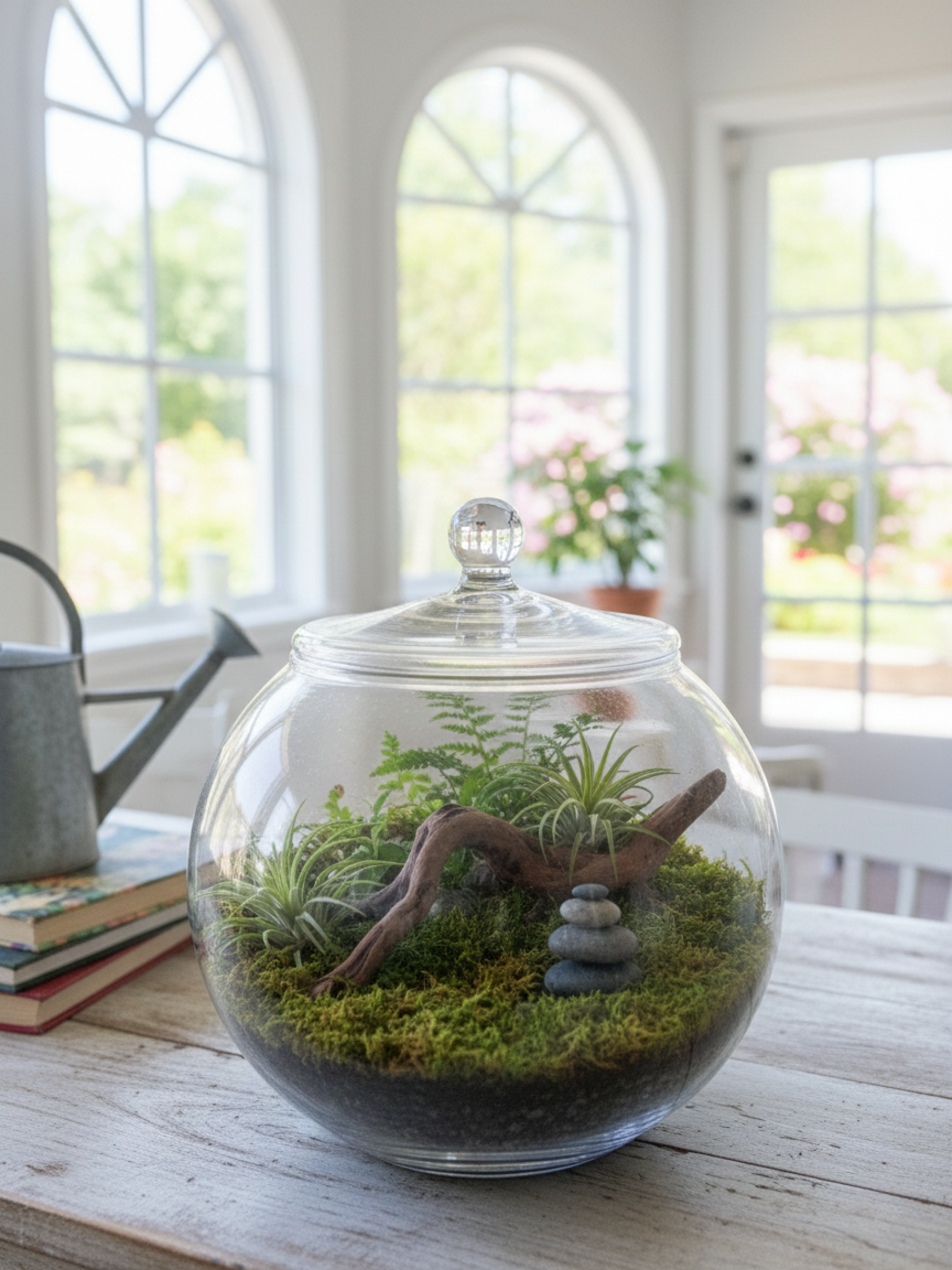 Beginner-friendly terrarium bowl with enclosed glass lid, ideal for table or desk.