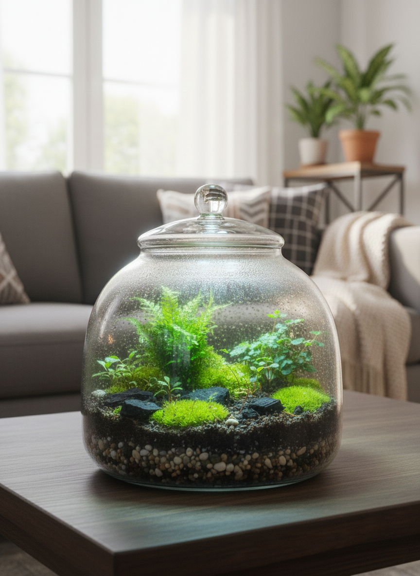 Small glass terrarium bowl with lid for desks and indoor spaces