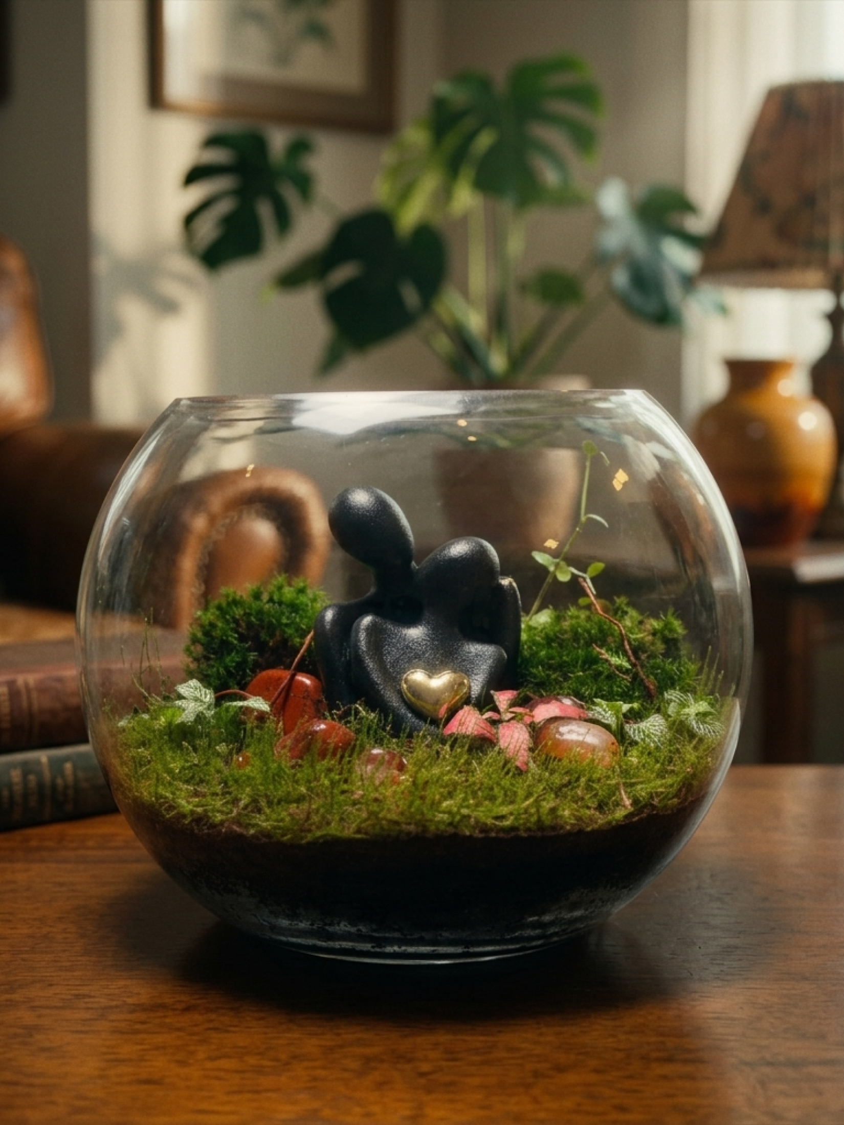 Luxury love terrarium Dubai with couple figurine, cushion moss, pilea and decorative stones by Lilli Plants