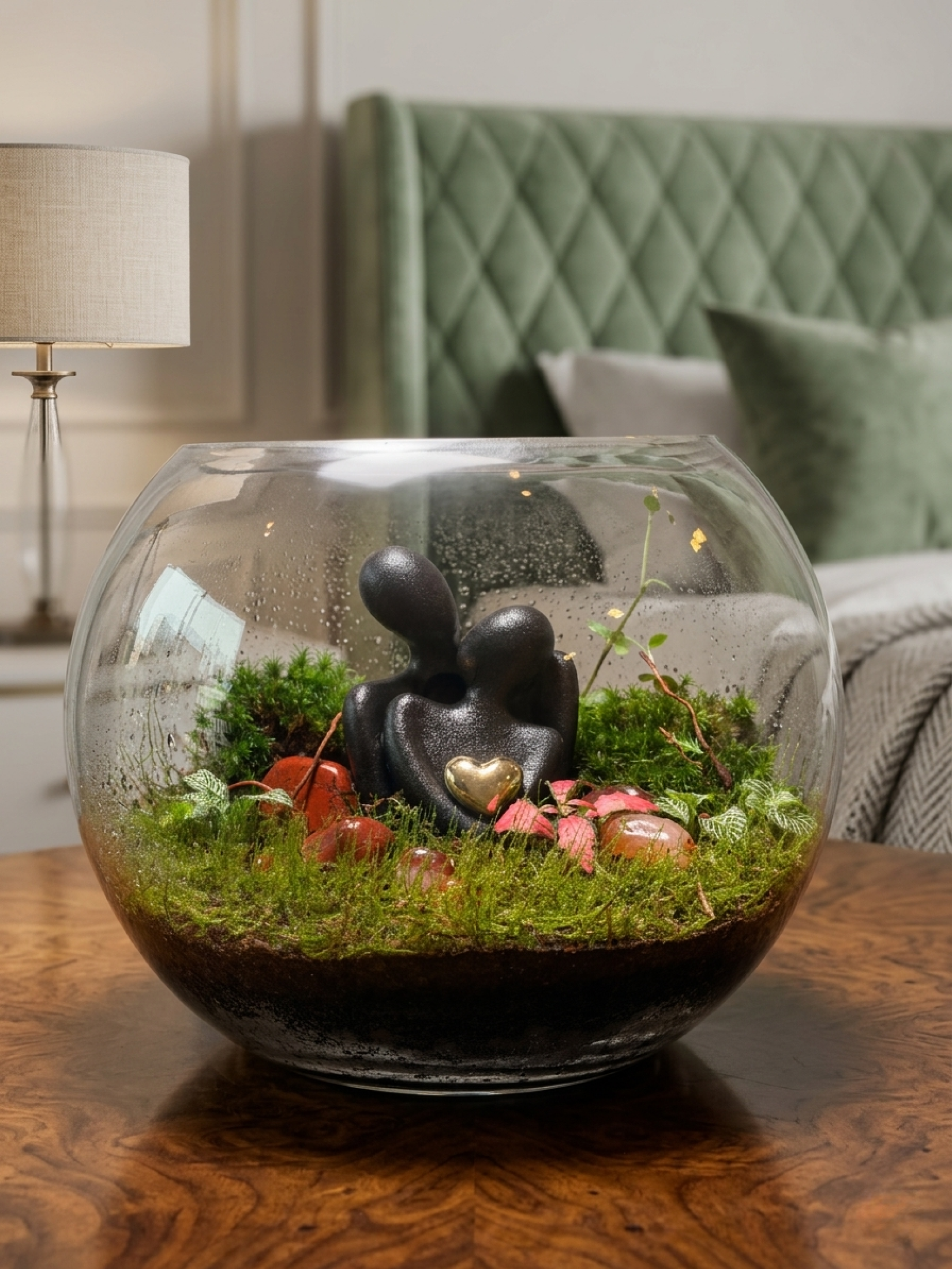 Romantic couple terrarium with golden heart, fittonia and moss handcrafted by Lilli Plants UAE for gifting