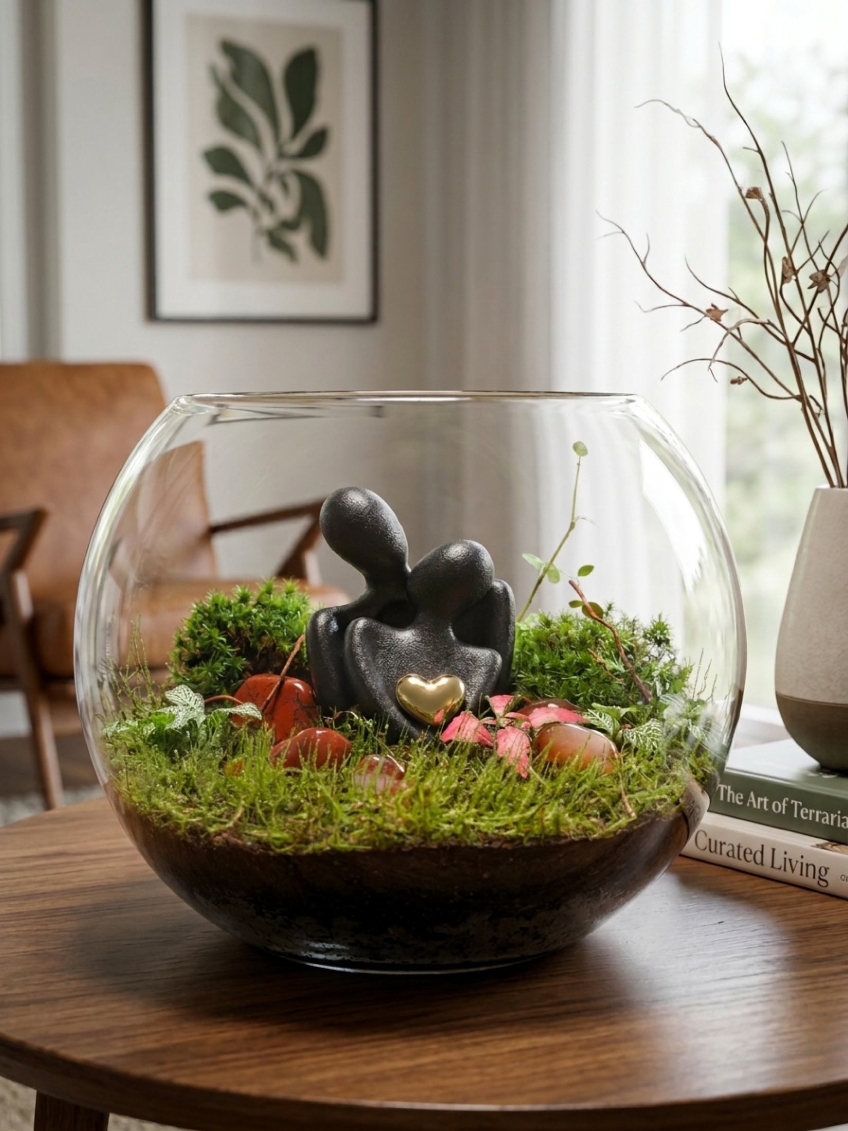 Golden Bond love terrarium by Lilli Plants Dubai with couple sculpture, moss, and premium indoor plants in glass bowl