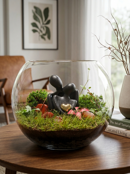 Golden Bond love terrarium by Lilli Plants Dubai with couple sculpture, moss, and premium indoor plants in glass bowl