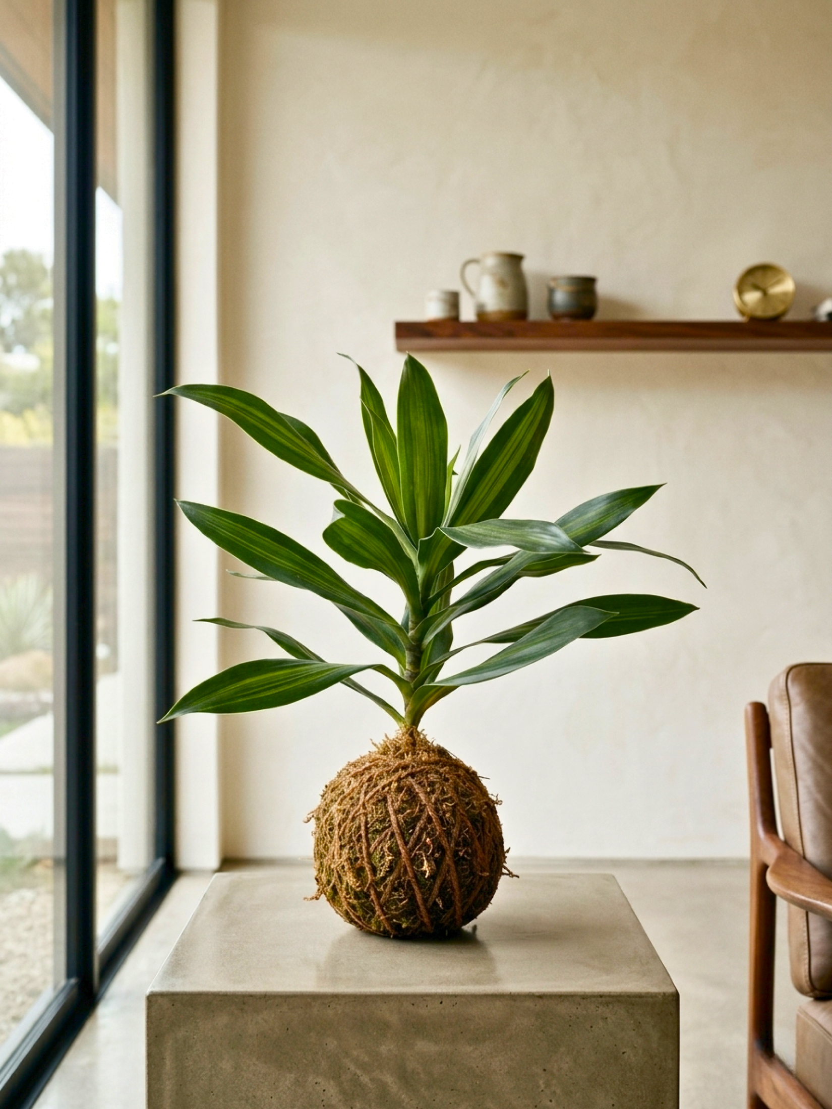 Green gold dracaena reflexa kokedama placed on wooden table indoor setting UAE