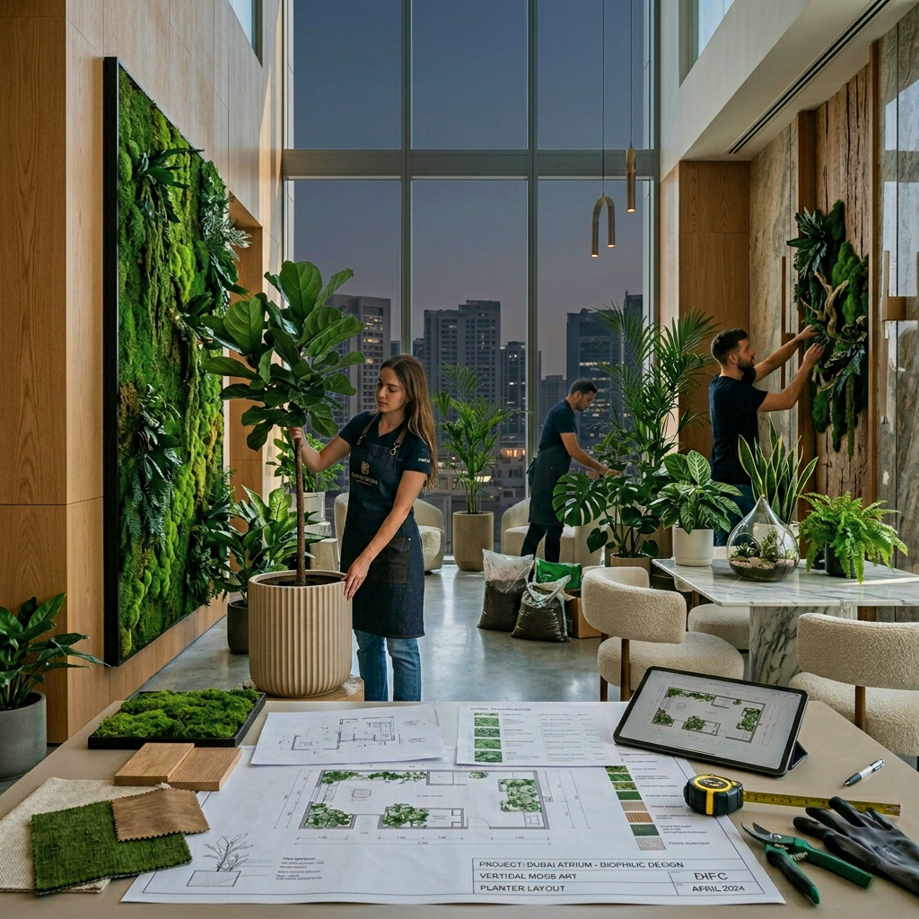 High-end indoor plant styling and architectural greenery design for office and hospitality interiors. green interior design and transformations