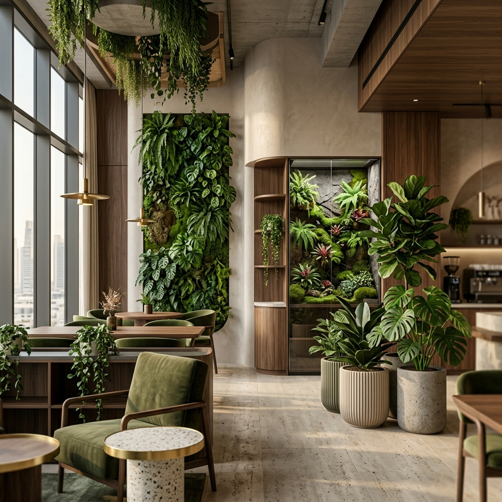 Full-wall terrarium installation creating immersive green ecosystem inside contemporary commercial space-dubai