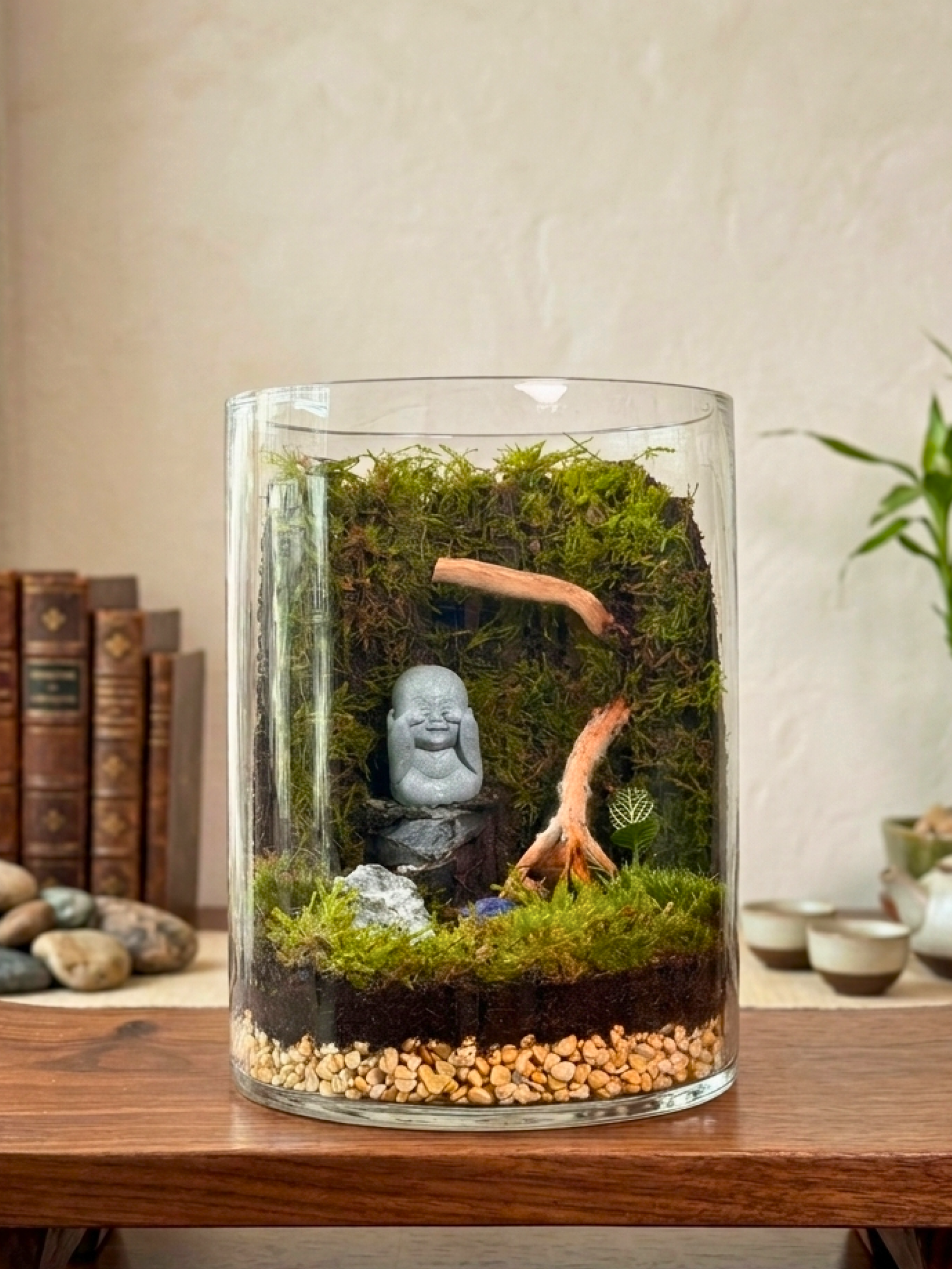 Zen Harmony Buddha terrarium with Fittonia green and red plants