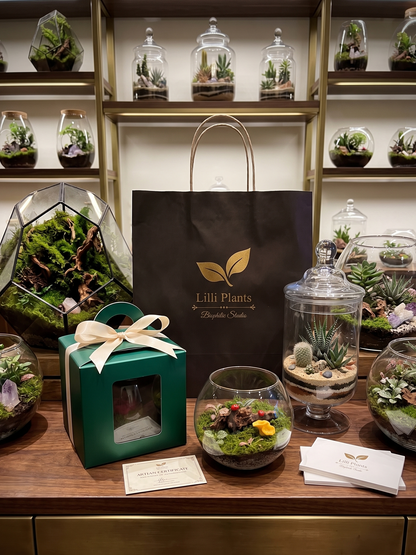 Classic living terrarium hamper paired with chocolates and personalized tags for birthday gifting.