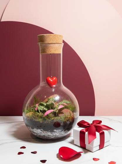 Romantic Heartbound Love Terrarium featuring red and green Fittonia and flat moss