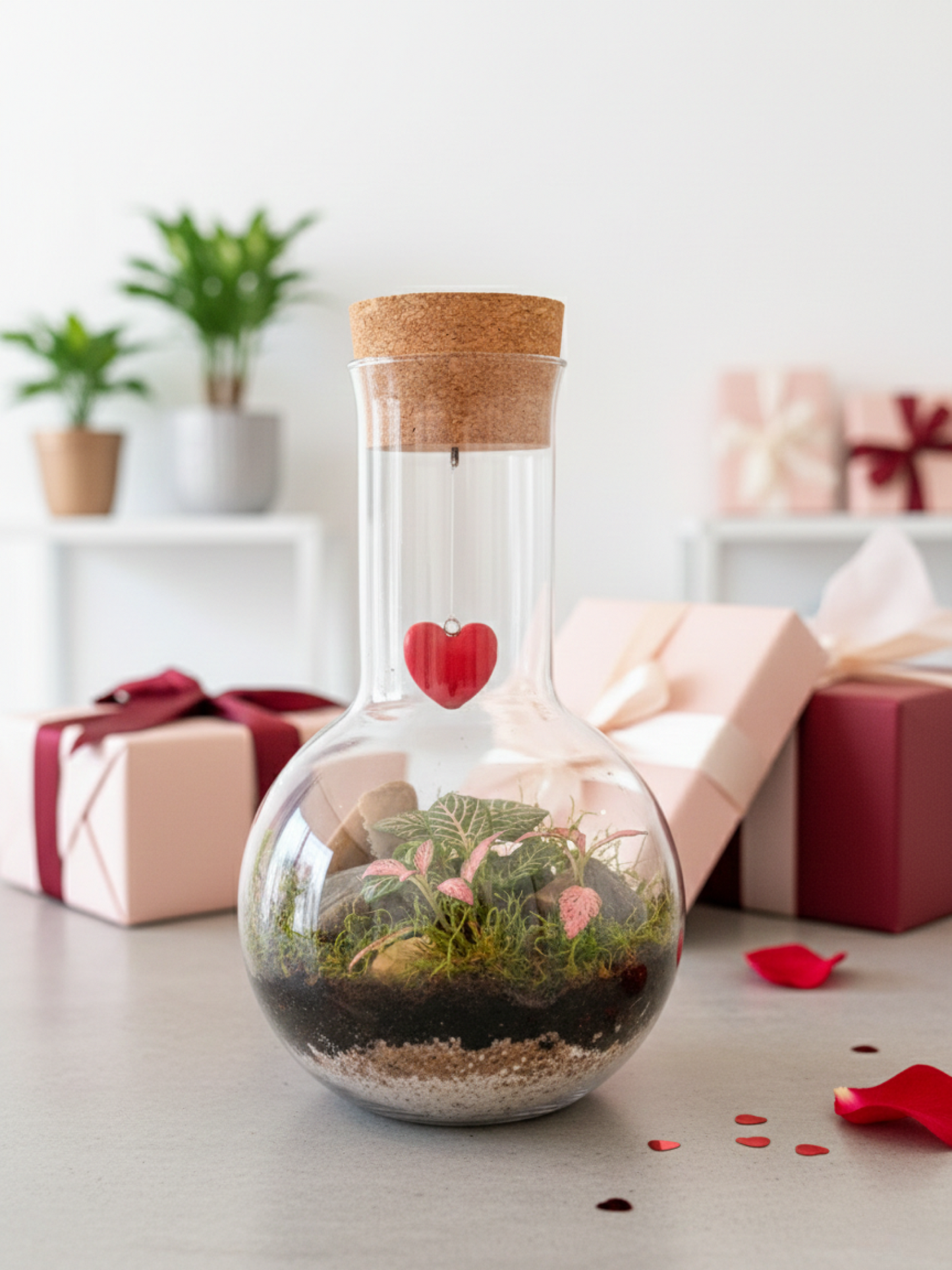 Heartbound Love Terrarium by Lilli Plants Dubai with suspended heart and Fittonia plants