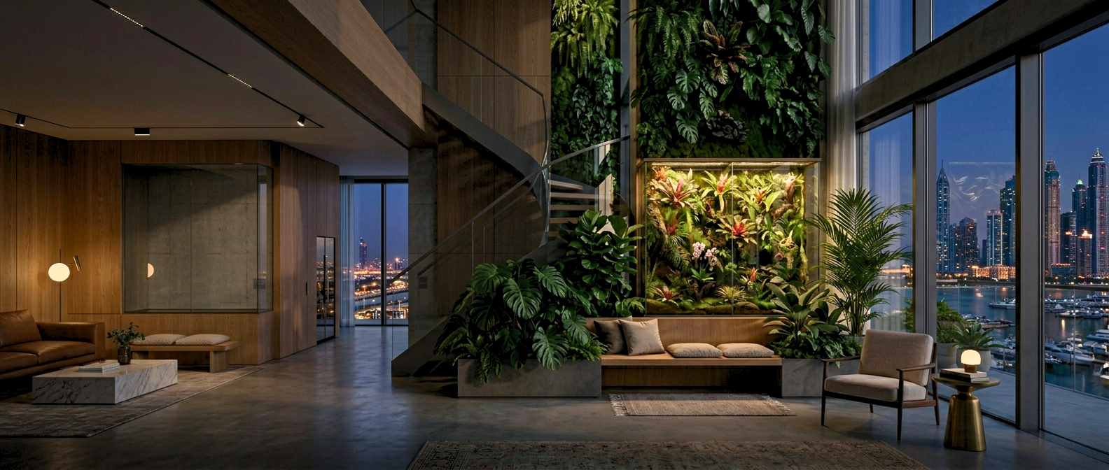 Luxury indoor green transformation featuring vertical garden and living wall installation in modern UAE interior