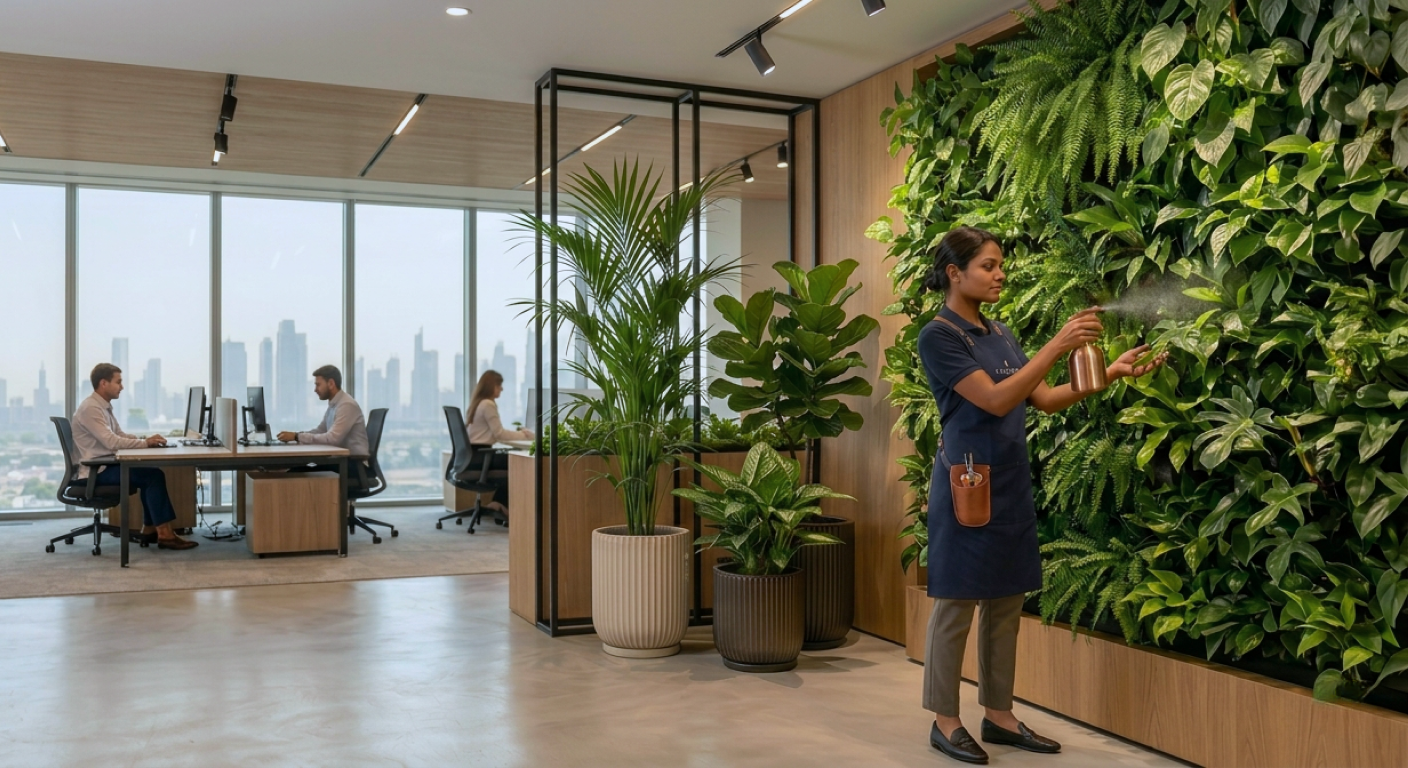 Office plant care program by Lilli Plants providing scheduled maintenance, watering, and cleaning to keep workplace greenery healthy and vibrant.