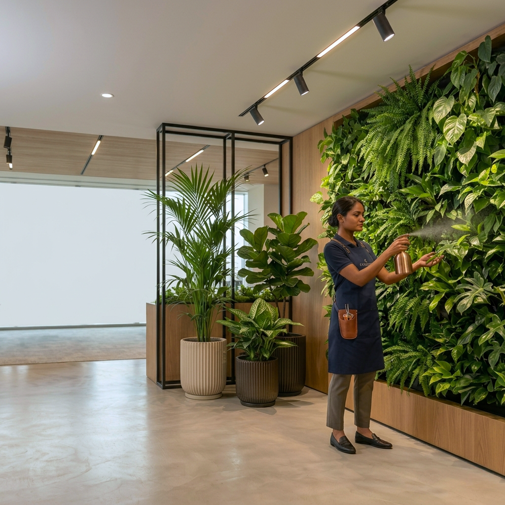 Professional indoor plant maintenance service by Lilli Plants, featuring expert care, pruning, and health checks for thriving office and home plants in Dubai.