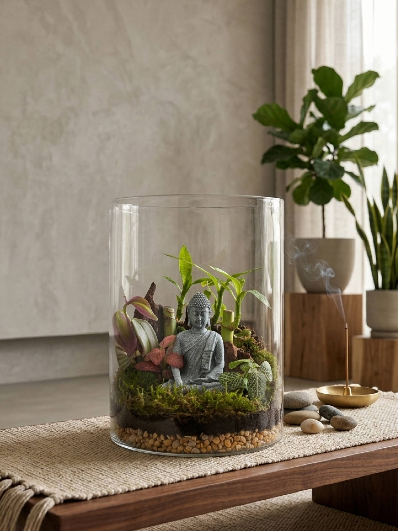 Buddha classic cylinder terrarium with moss, bamboo and indoor plants by Lilli Plants Dubai