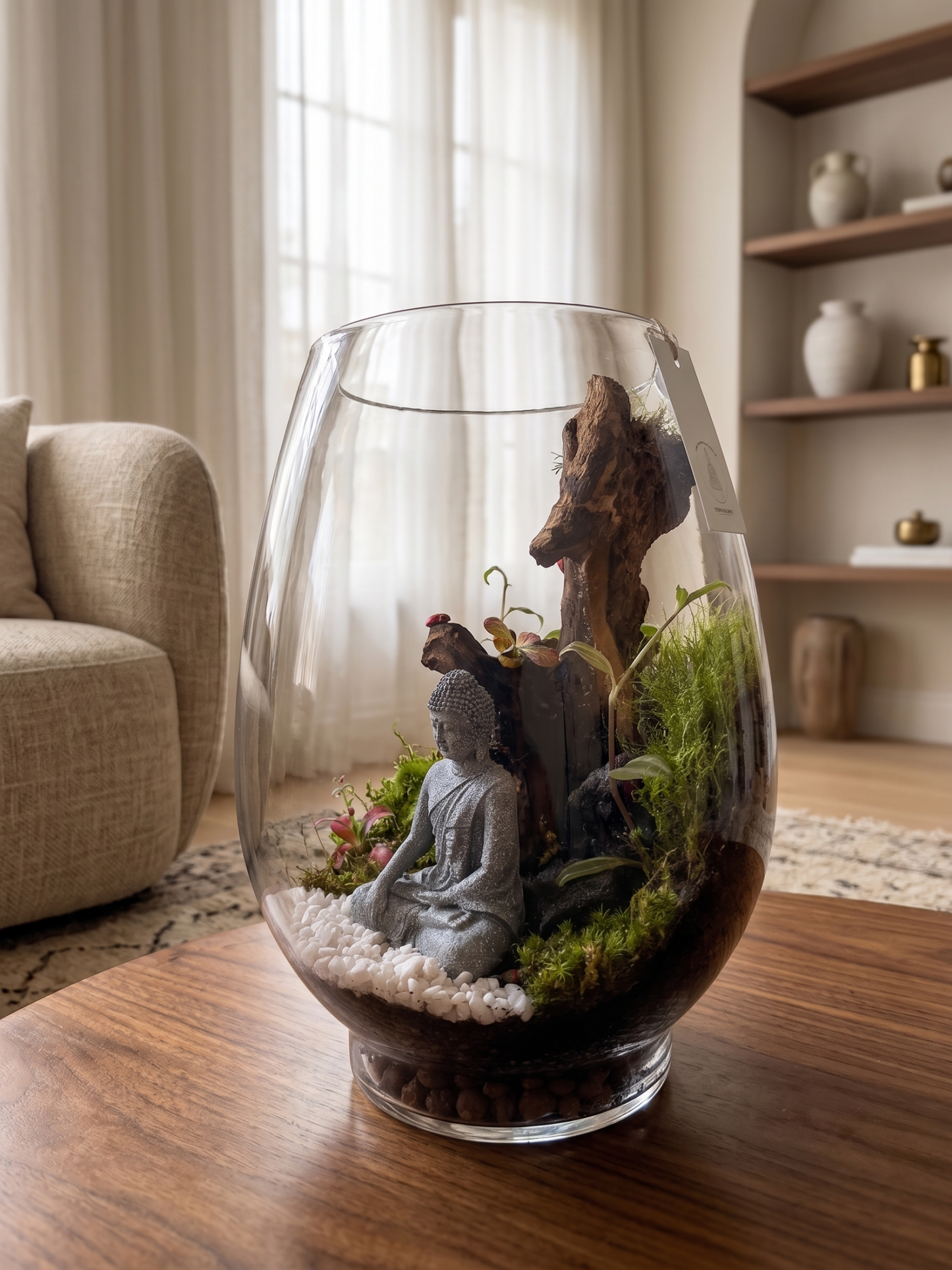 Low-maintenance bioactive Buddha moss terrarium handcrafted in Dubai by Lilli Plants