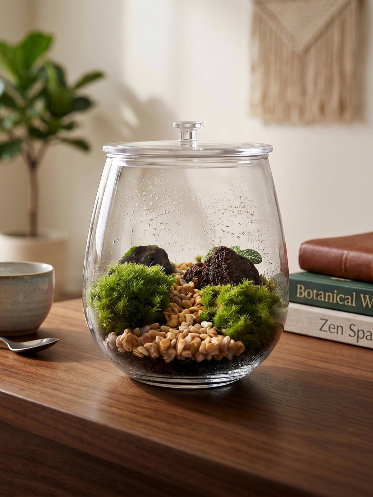 Handcrafted 12cm mini moss terrarium with red volcanic rock on a wooden office desk in Dubai