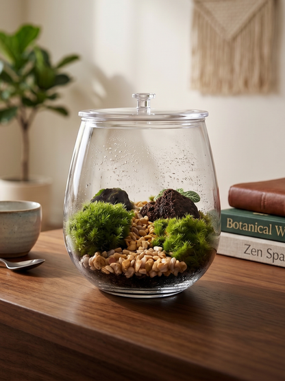 Handcrafted 12cm mini moss terrarium with red volcanic rock on a wooden office desk in Dubai