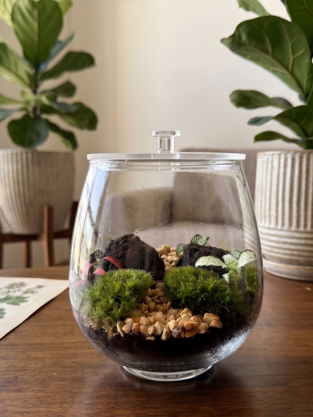 Close-up of lush green cushion moss, white-veined fittonia, and tiny pebbles inside the Obsidian Ridge terrarium.