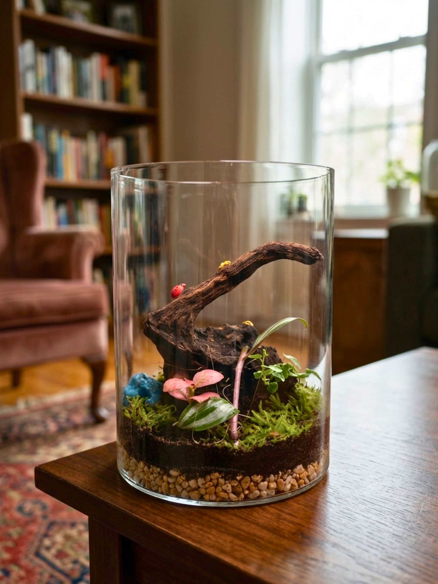 handcrafted glass terrarium with fittonia plants and blue natural stones