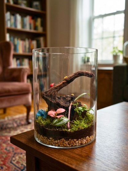 handcrafted glass terrarium with fittonia plants and blue natural stones