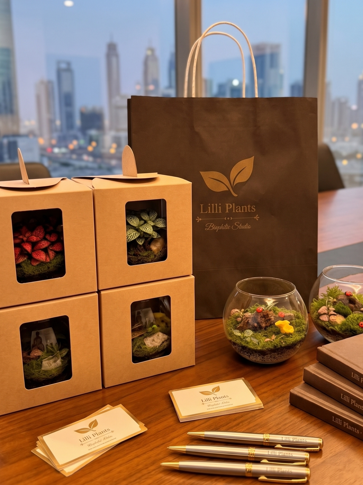 Premium client appreciation gift hamper with a self-sustaining miniature glass ecosystem by Lilli Plants UAE.