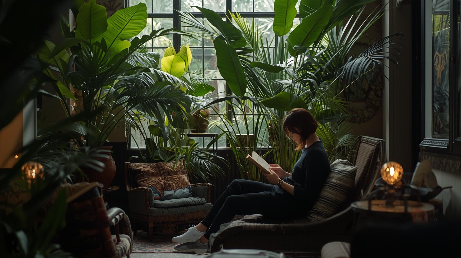 Person reading a book in a cozy room with plants-lilli Plants Dubai