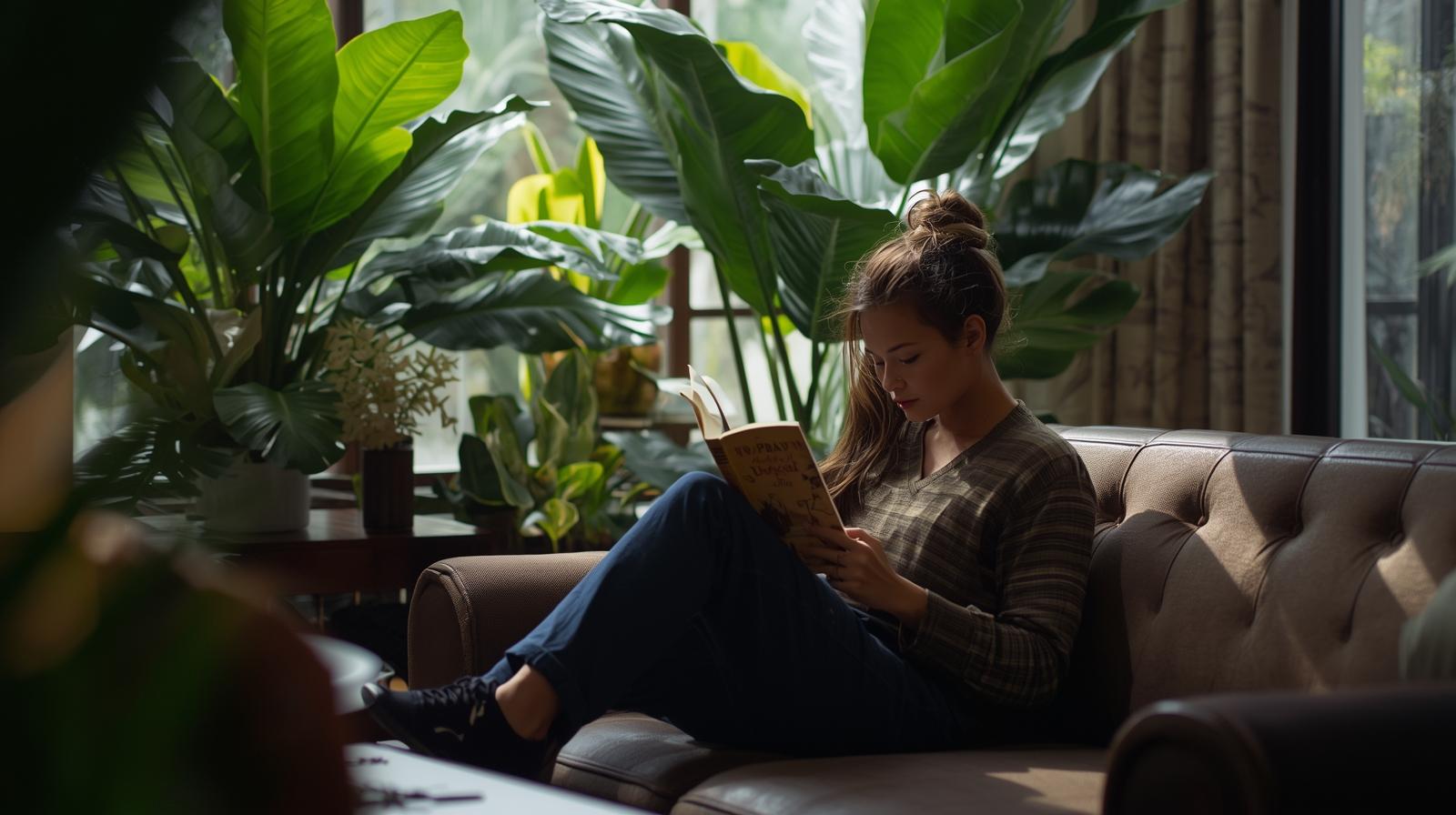 Woman reading a book on a couch surrounded by plants- Lilli plants Dubai
