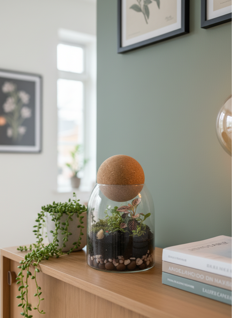 Terrarium with a small plant on a wooden surface in a room with framed pictures on the wall. buy terrarium dubai