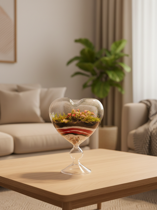 Romantic Love Bloom Heart Terrarium – red and green Fittonia, moss, decorative heart props