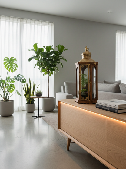 Luxury Ramadan living lantern terrarium with moss and fittonia Dubai