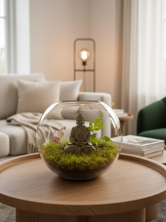 Glass terrarium with a Buddha statue. Buy terrarium online in Dubai. Best gift ever. 