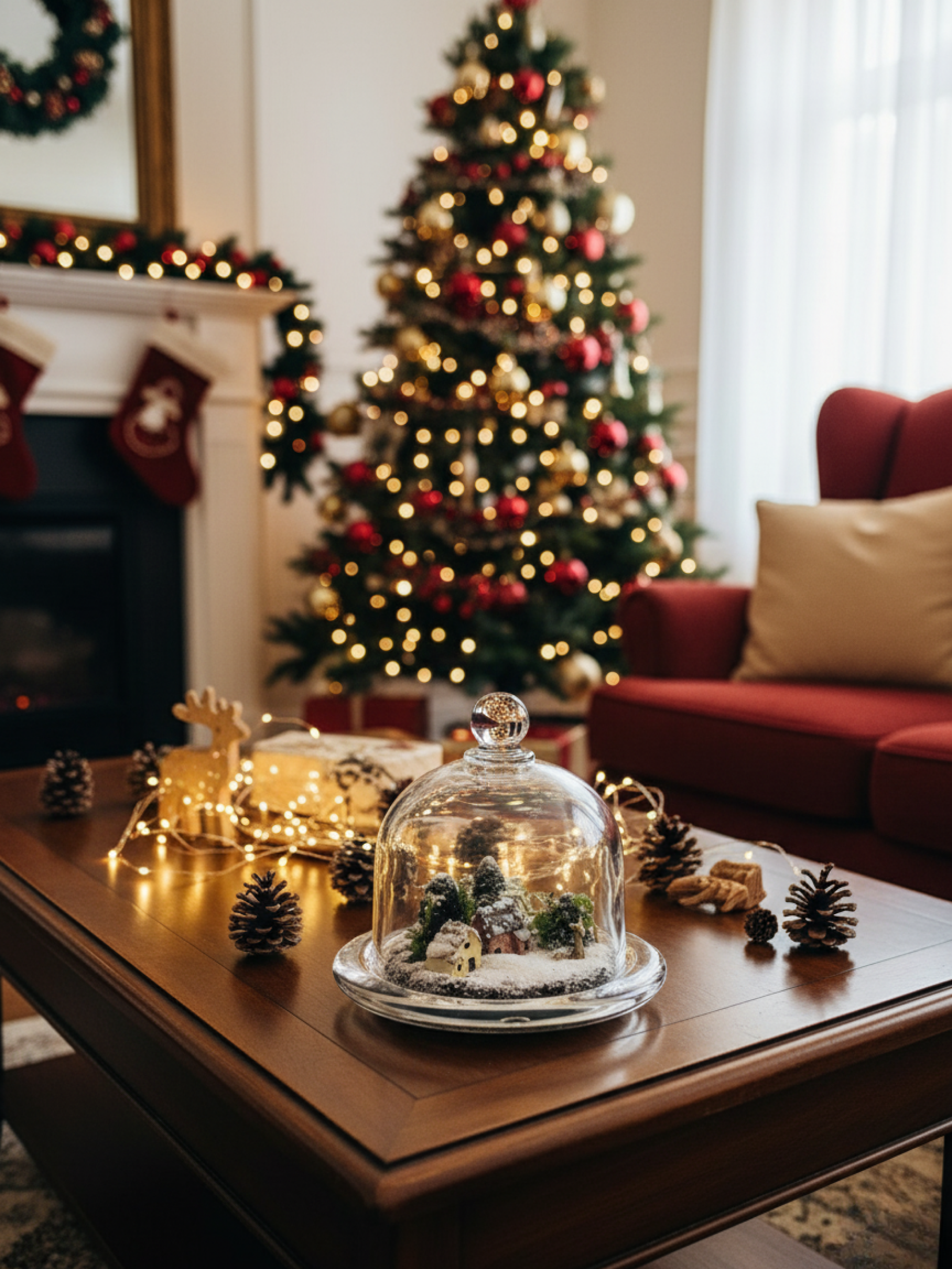 Mini Christmas Haven Terrarium with lush Selaginella, moss, miniature pine trees, and cottage under 12×12 cm glass dome, perfect holiday décor Dubai.
