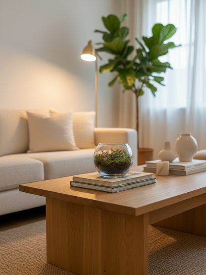 Mini Forest – Calm Terrarium by Lilli Plants featuring moss, Fittonia, Selaginella, and small spider wood branches in a 10×8 cm glass bowl.