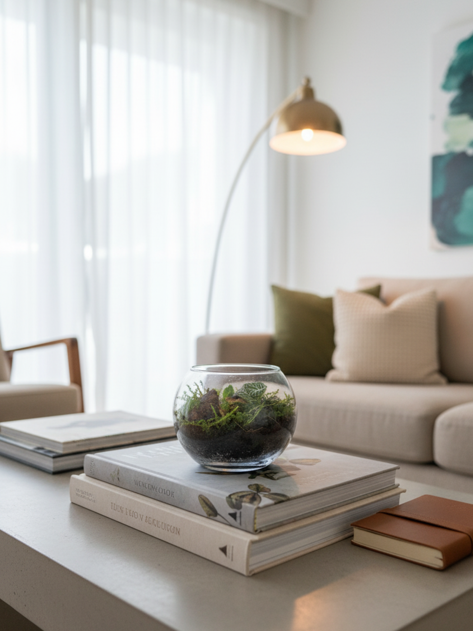 Living room with a glass terrarium in dubai