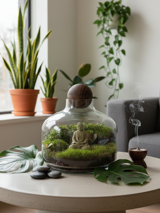 Nirvana of the Silent Buddha Terrarium by Lilli Plants, handcrafted in Dubai with moss and indoor greenery.