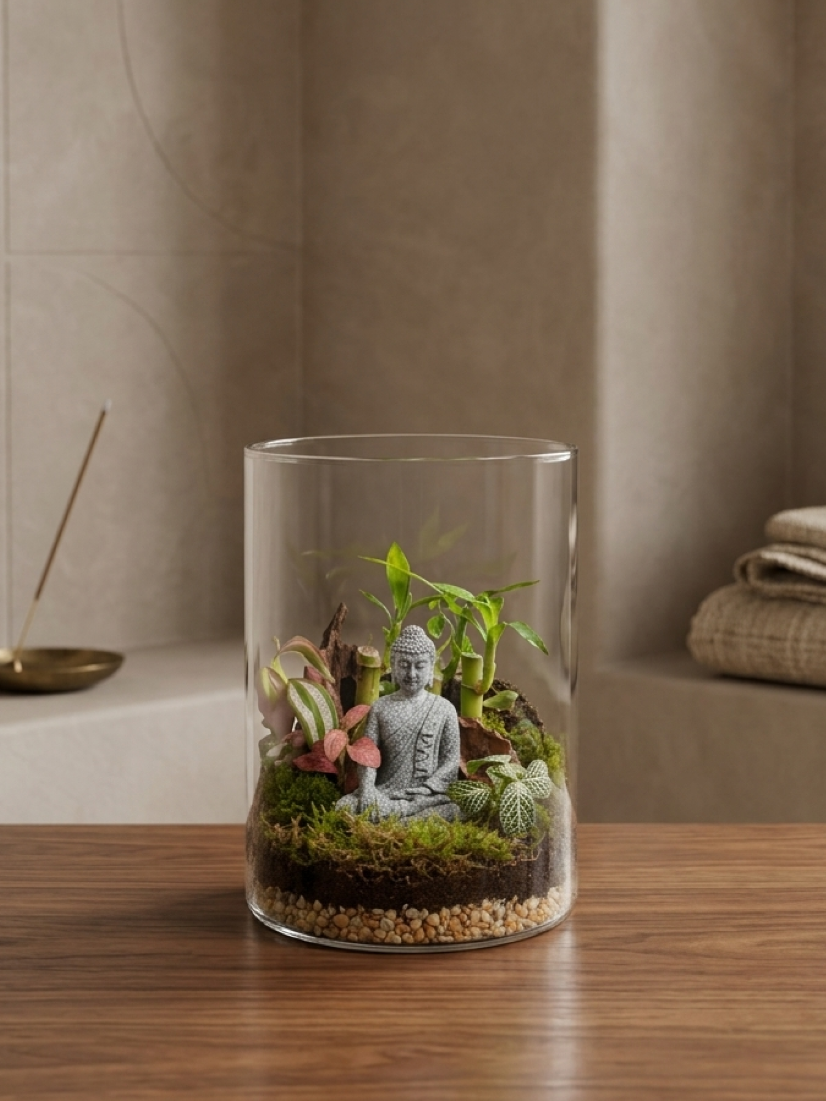 Luxury indoor terrarium with Buddha statue and lucky bamboo for peace and wealth