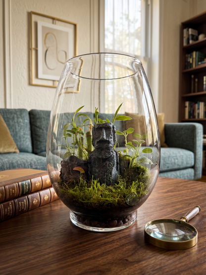 Rapa Nui Easter Island Glass Terrarium with Moai statue and premium moss by Lilli Plants Dubai