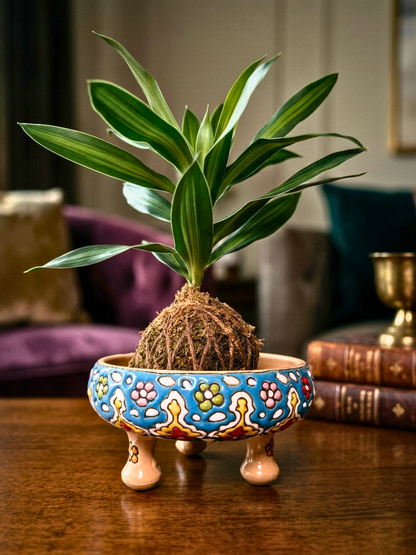 Artisan kokedama bowl with detailed azure mosaic pattern and polished clay finish for luxury plant display