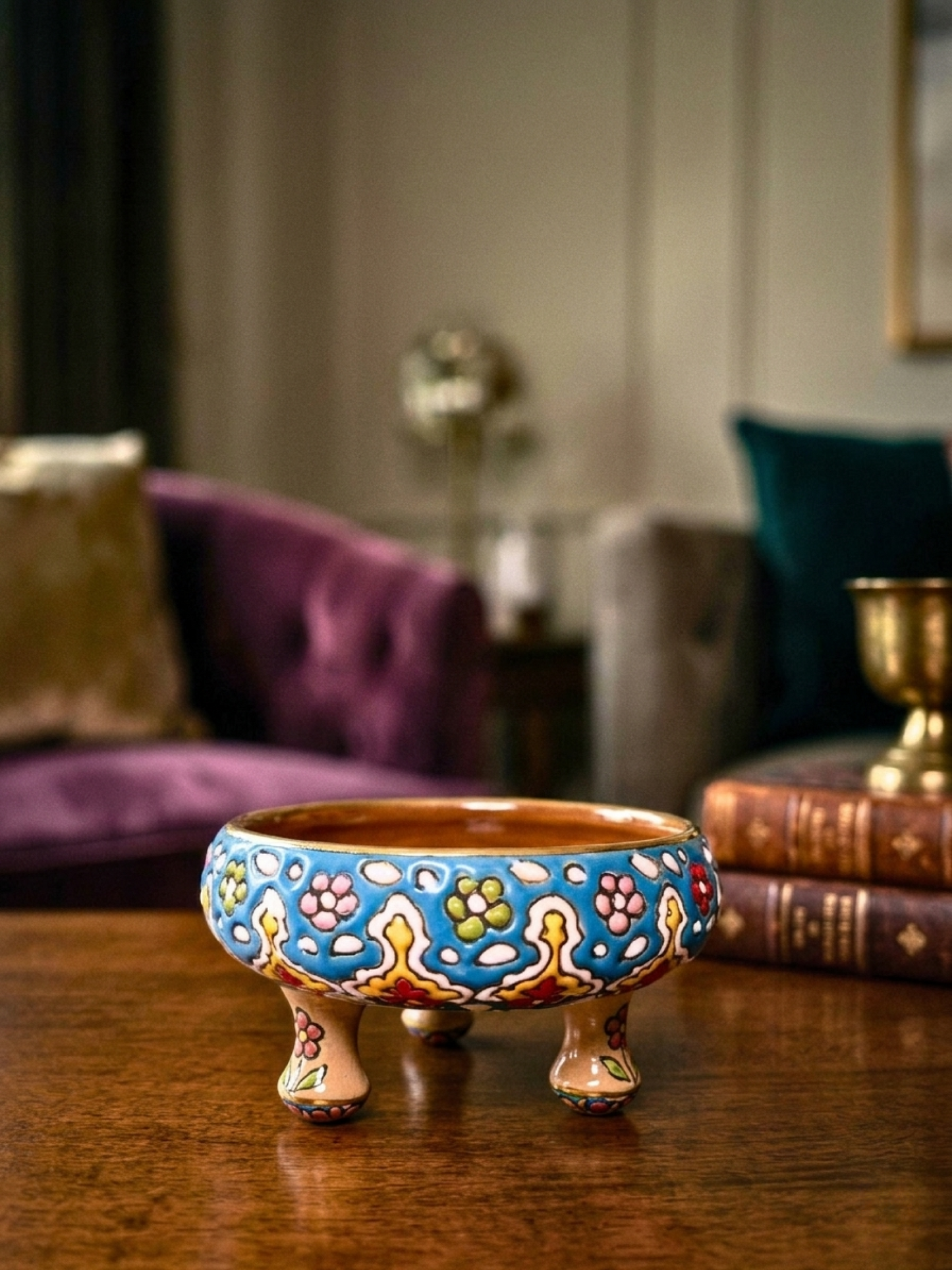 Royal Azure kokedama display bowl handcrafted clay with mosaic azure finish and elegant premium decorative design