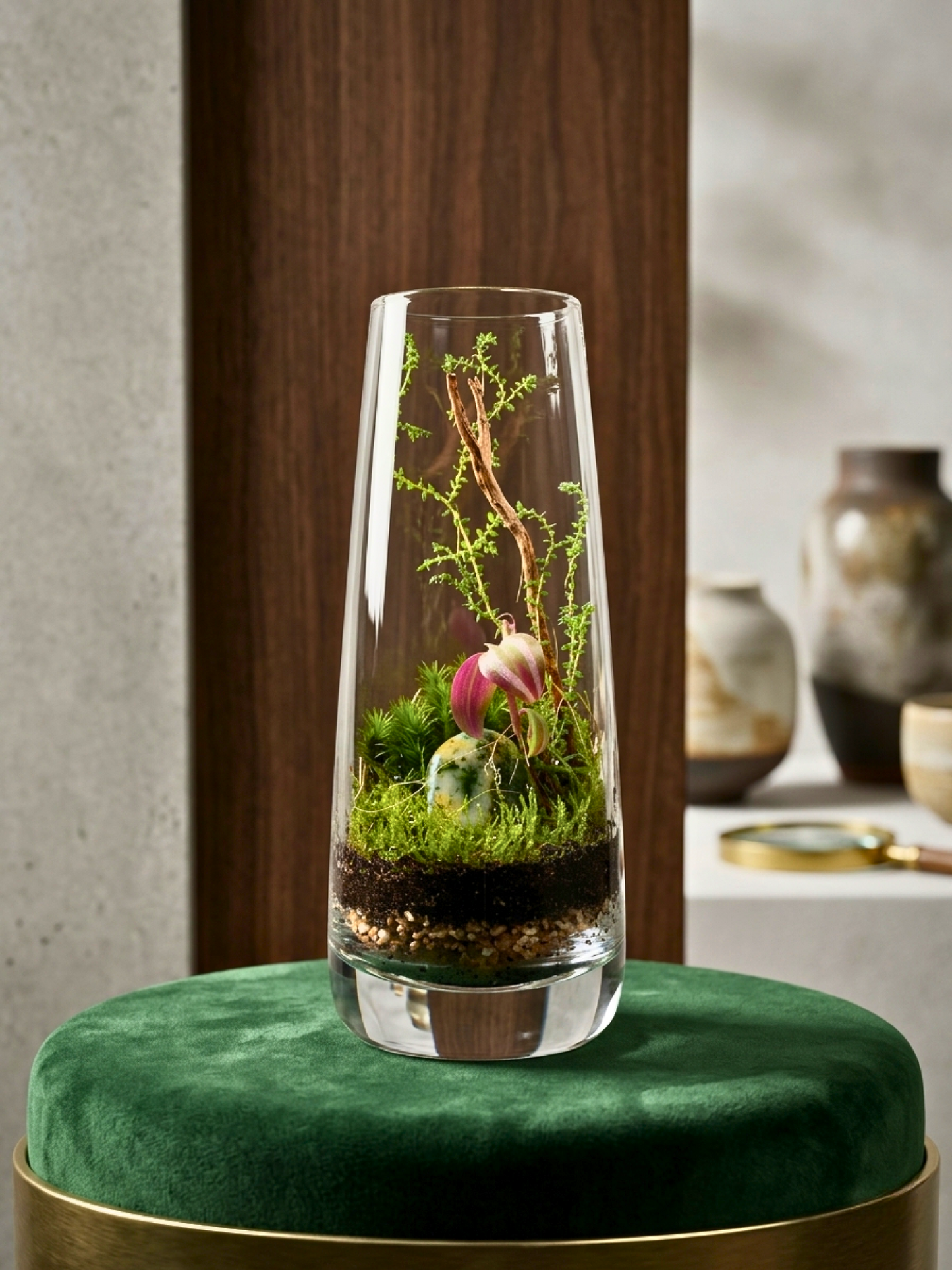 Premium indoor glass terrarium Dubai by Lilli Plants with woodland-inspired live plants and moss.