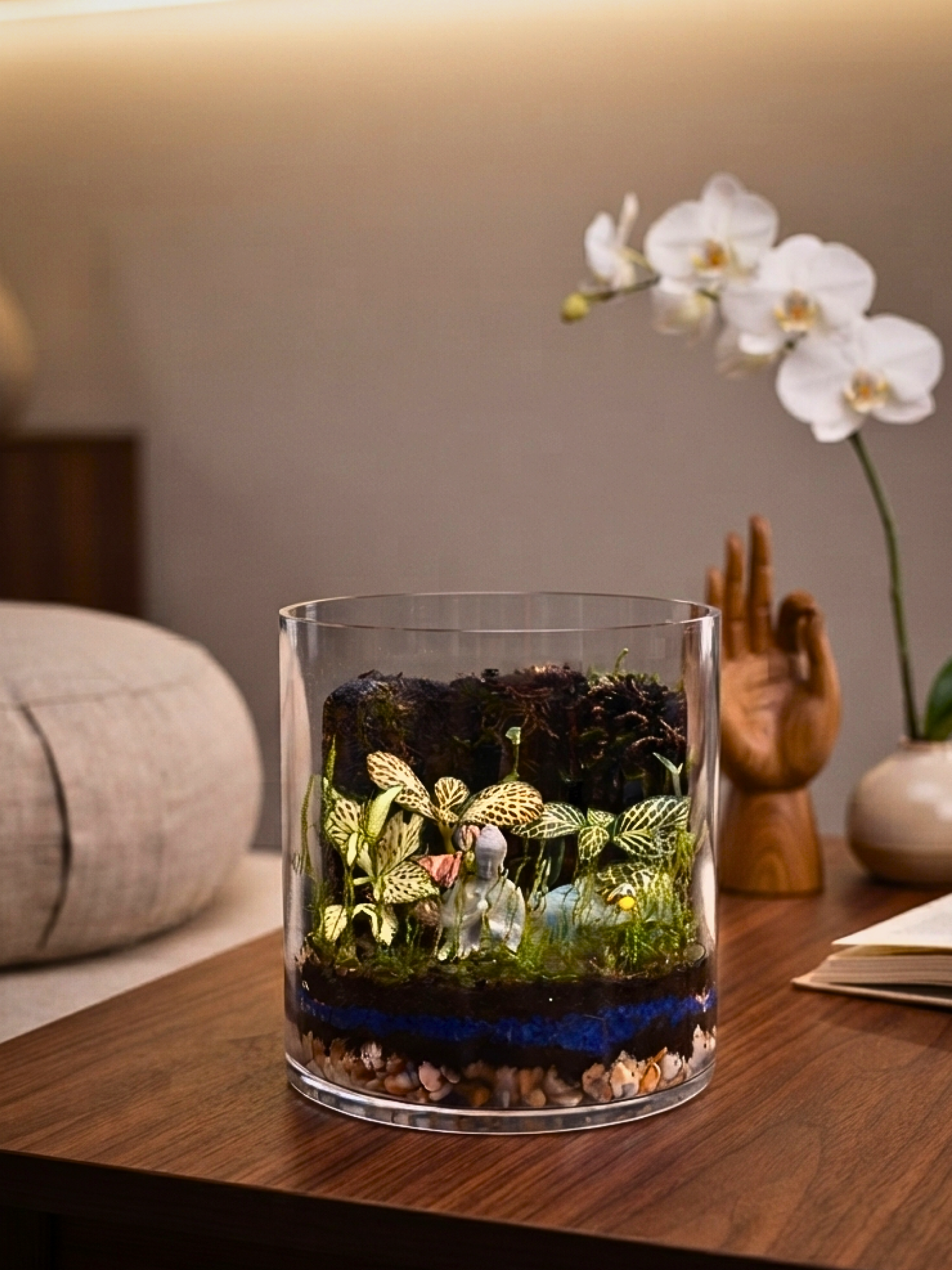 Close up of mindfulness terrarium with emerald prosperity stones, moss and tropical Fittonia plants