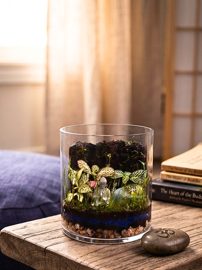 Zen terrarium with Buddha statue, ladybug, blue substrate layer and lush indoor plants in cylinder glass