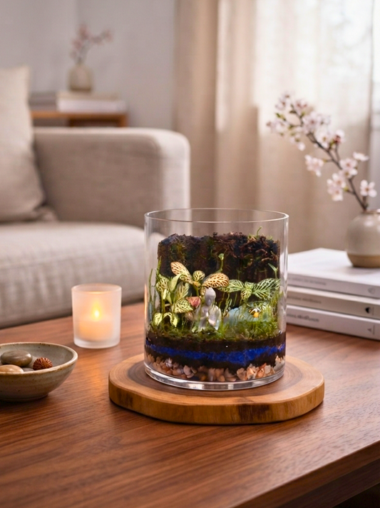 Mini cylinder terrarium with Buddha, Fittonia plants, moss and emerald green stones by Lilli Plants Dubai