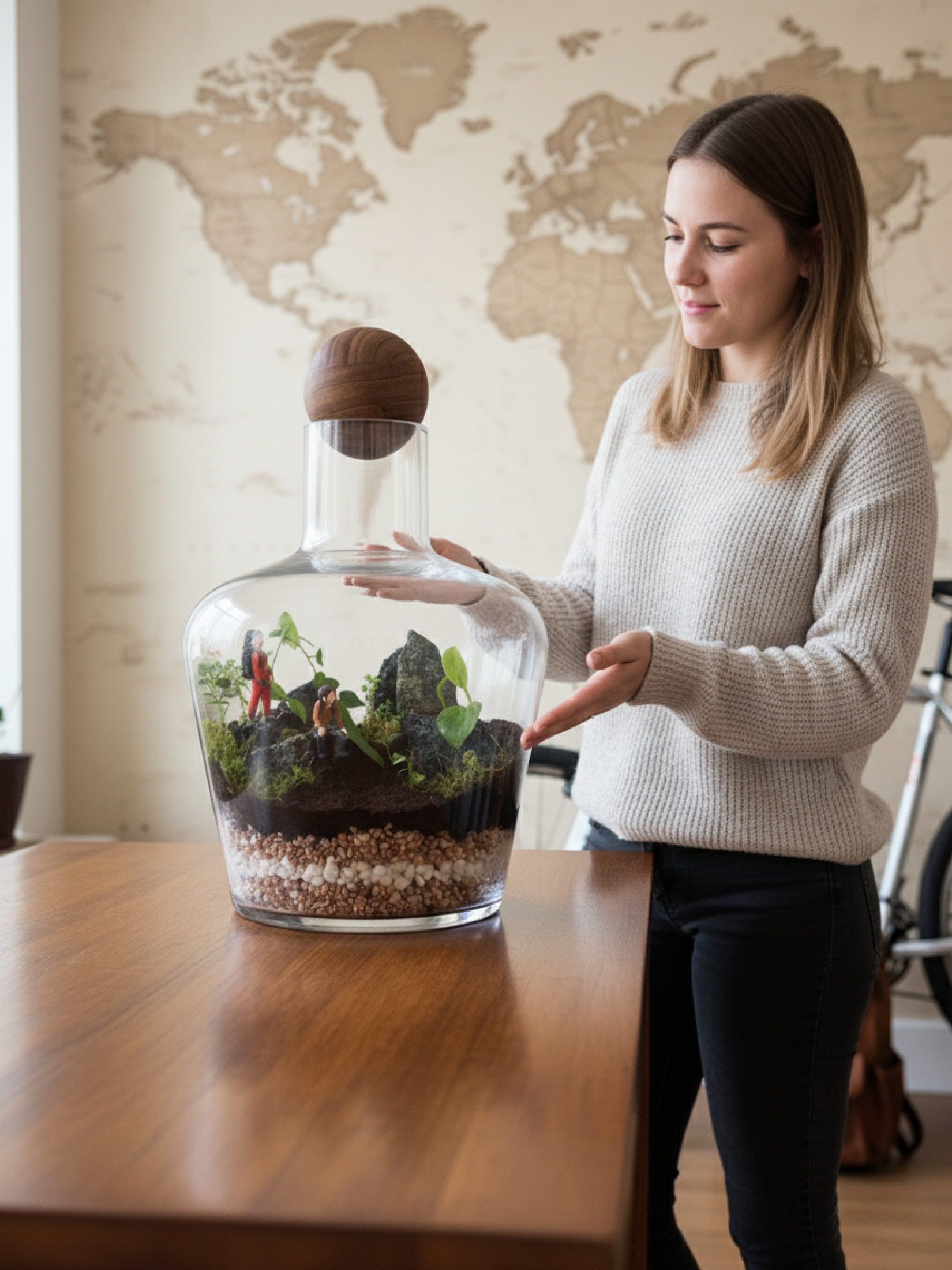 Woman holding a large glass terrarium with plants against a world map background ubai Terrarium Shop Online