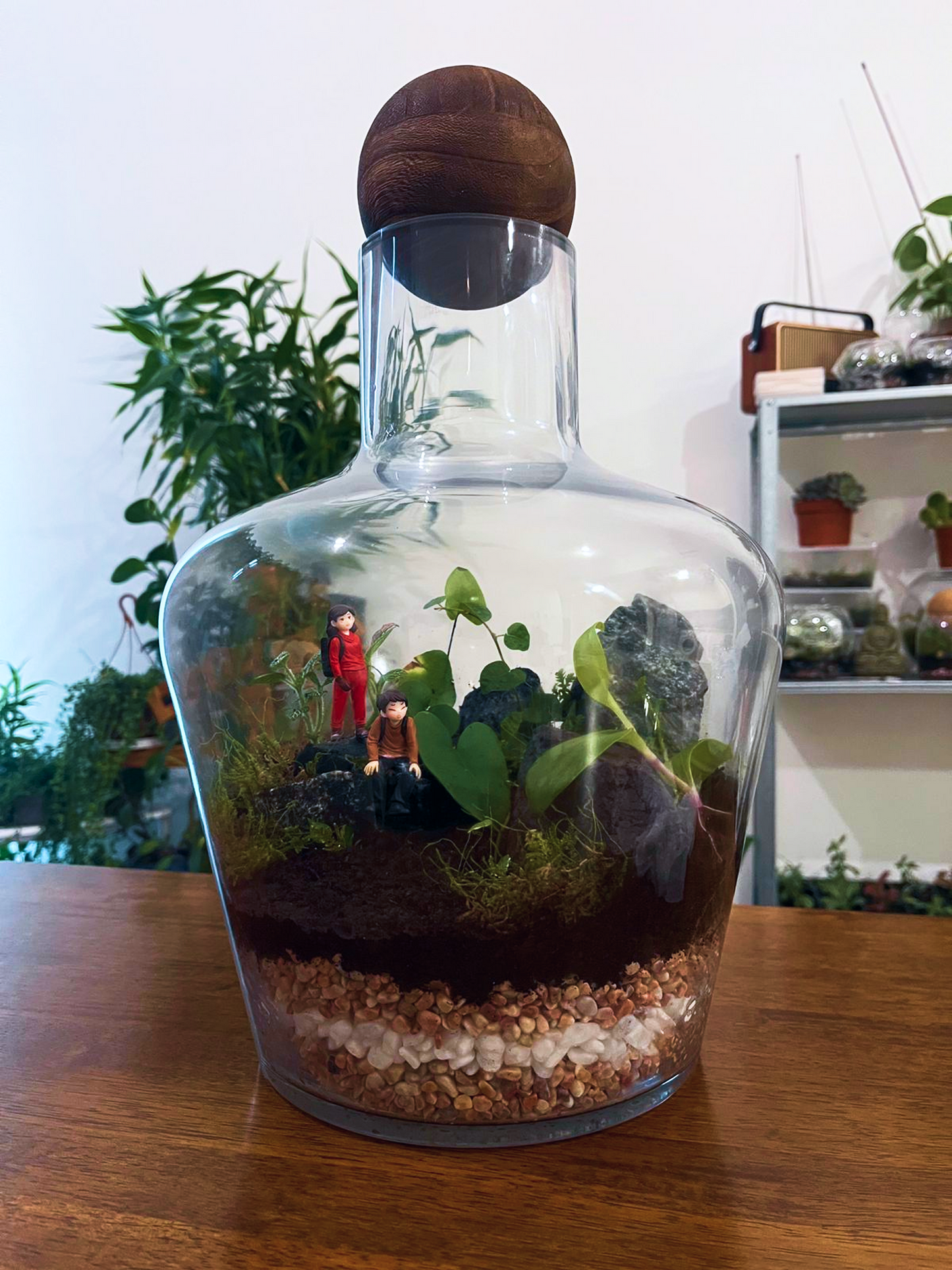 Handcrafted large glass terrarium gift in Dubai featuring rocky hills and greenery- Lilli Plants Dubai